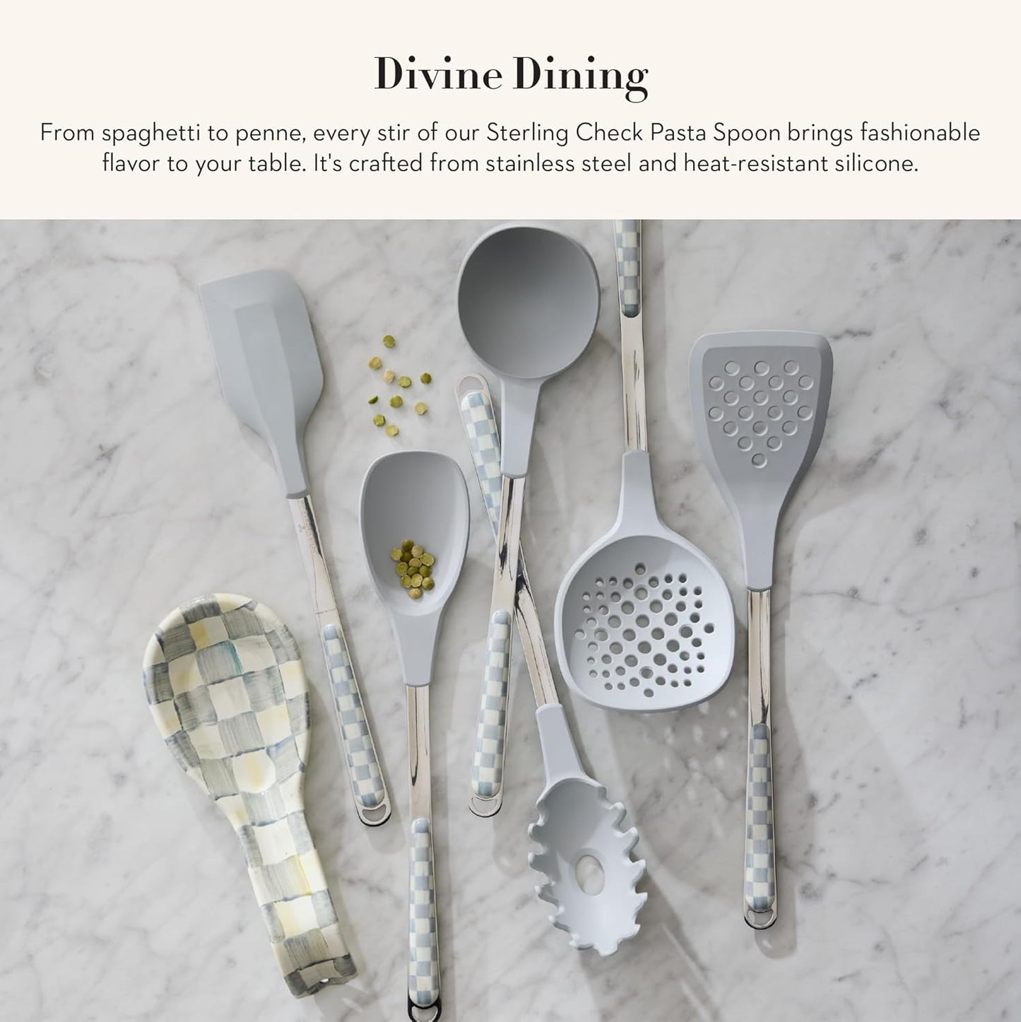 MACKENZIE-CHILDS Kitchen Pasta Spoon, Silicone Spaghetti Spoon, Gray-and-White Sterling Check
