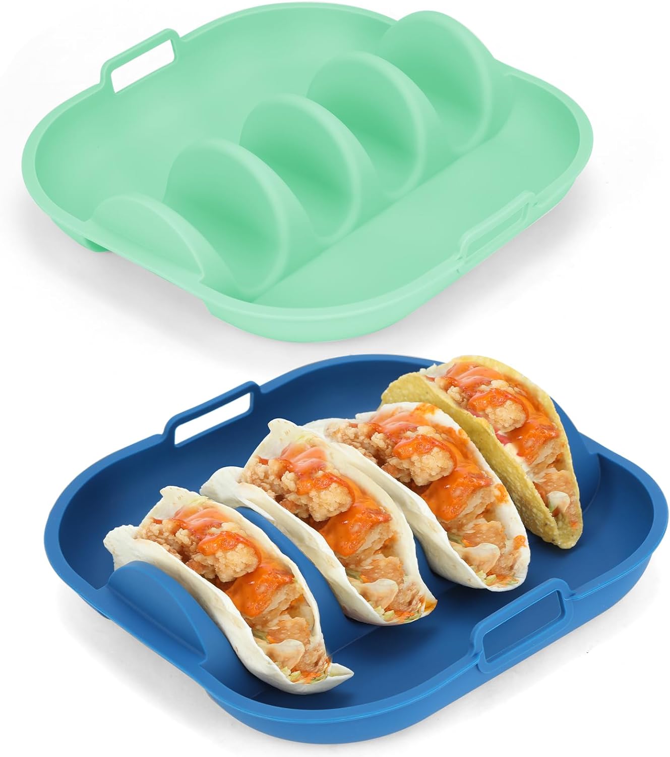 Silicone Taco Holder 2 Pack,10.2in pgrade Reusable Taco Plates with Dividers,Fiesta Tacos Holder Tray.Taco Serving Plates, Dishwasher & Microwave Safe (2, BLUE+GREEN)