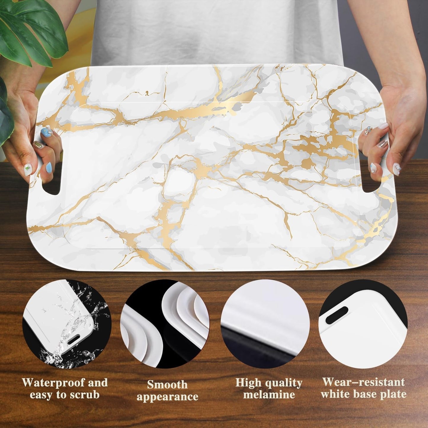 Serving Trays with Handles, 14.5 x 9.8 inch Rectangular Plastic Tray for Restaurant, Kitchen, Golden White Marble
