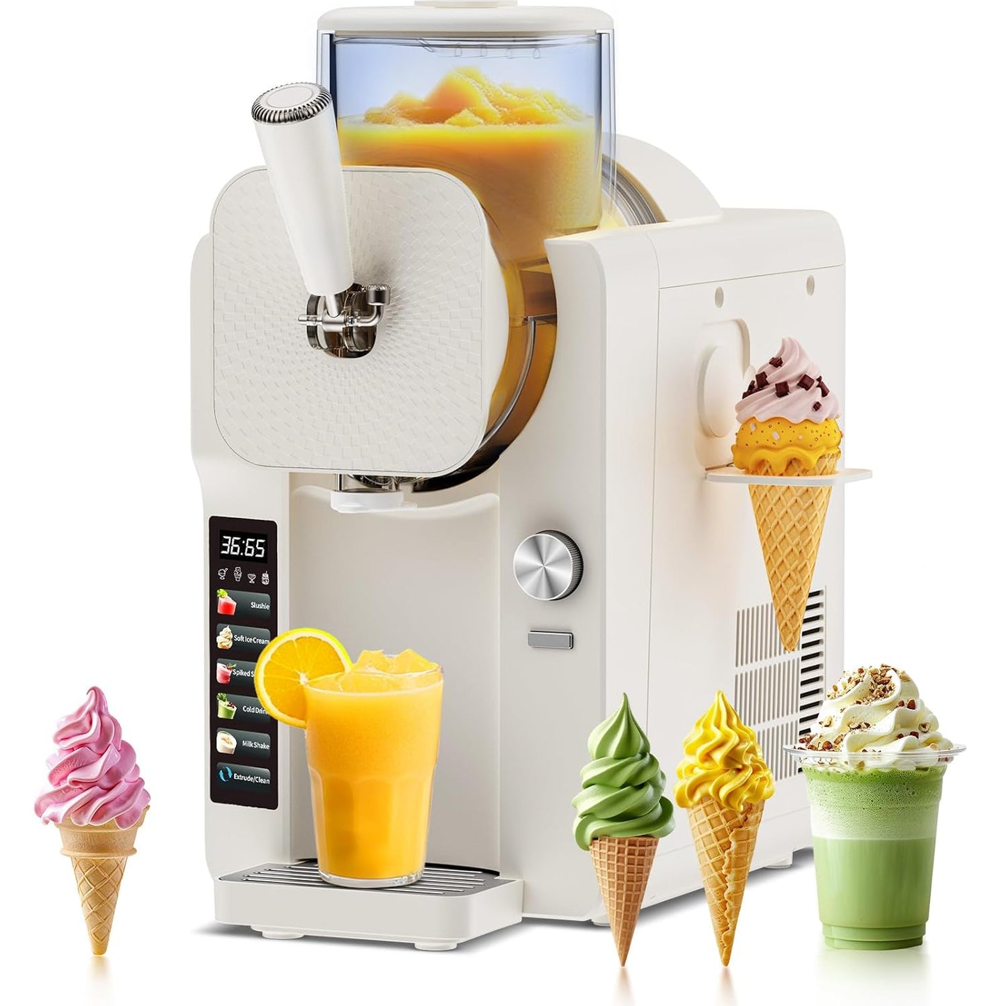 Ice Cream Maker, Slushie Machine for Home, Slushy Machine 70 oz Margarita Machine with 6 Preset Programs for Ice Cream, Smoothie, Milkshake, Cocktail, Frappés, 9-Level Adjustable Thickness, White