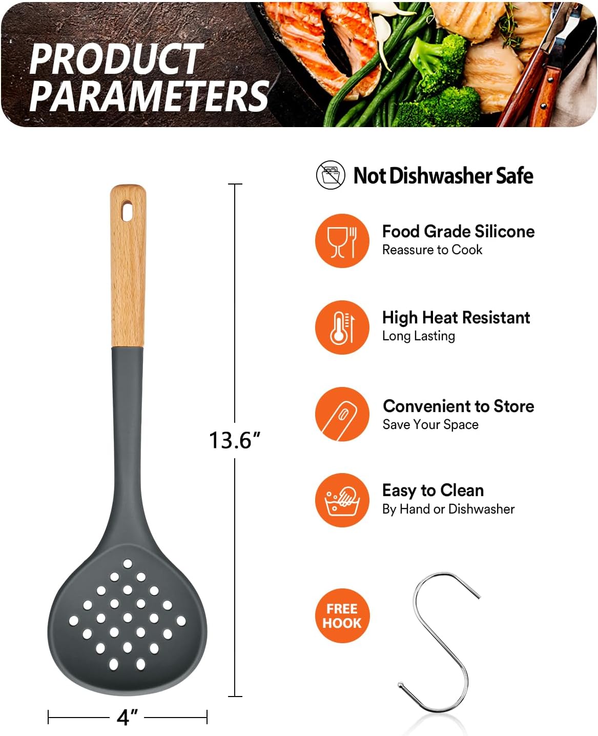 Kitchen Ladle Strainer, Large Slotted Spoon with High Heat Resistant BPA Free, Non Stick Cooking Skimmers For Draining & Frying, 13.2inch (Grey)