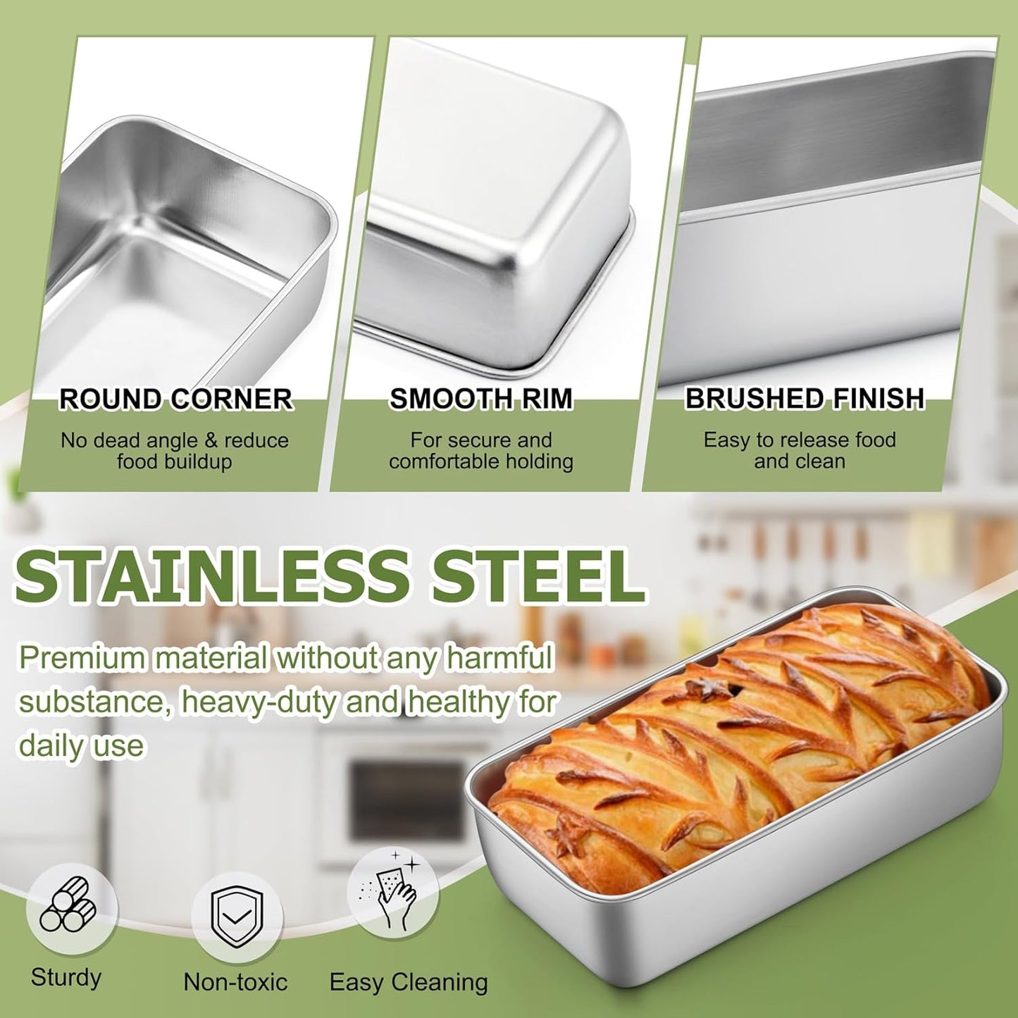 P&P CHEF Loaf Pan Set, 9 x 5 Inch Bread Pans, Stainless Steel Loaf Toast Baking Pans For Bread Meatloaf Lasagna Cake, Healthy & Non Toxic, Oven & Dishwasher Safe,(Silver, 2Pcs)