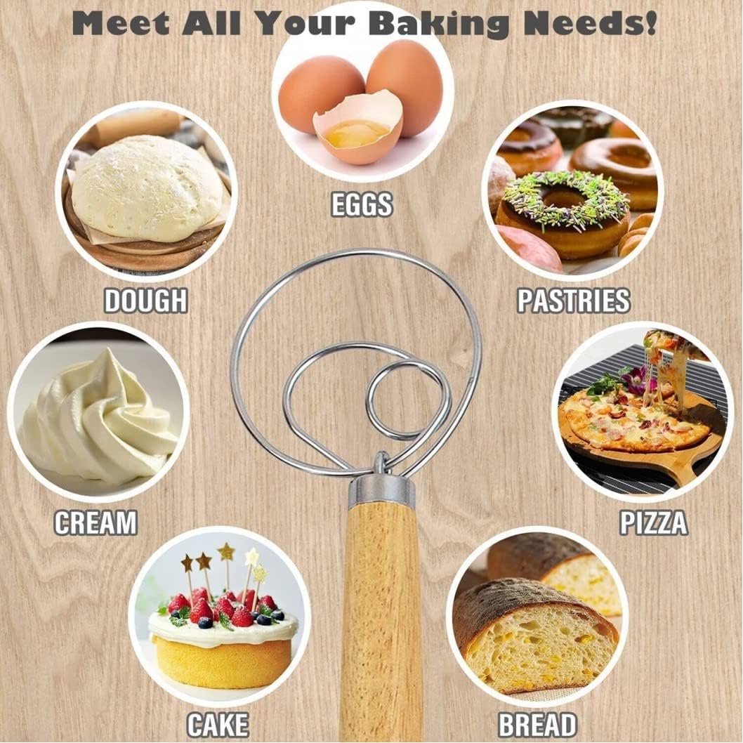 Danish Dough Whisk 13" Stainless Steel Bread Whisk Bread Making Tools Danish Dough Hook Bread Dough Mixer Hand Bread Dough Whisk for Pastry, Baking Cake, Dessert, Sourdough, Pizza, with Wooden Handle