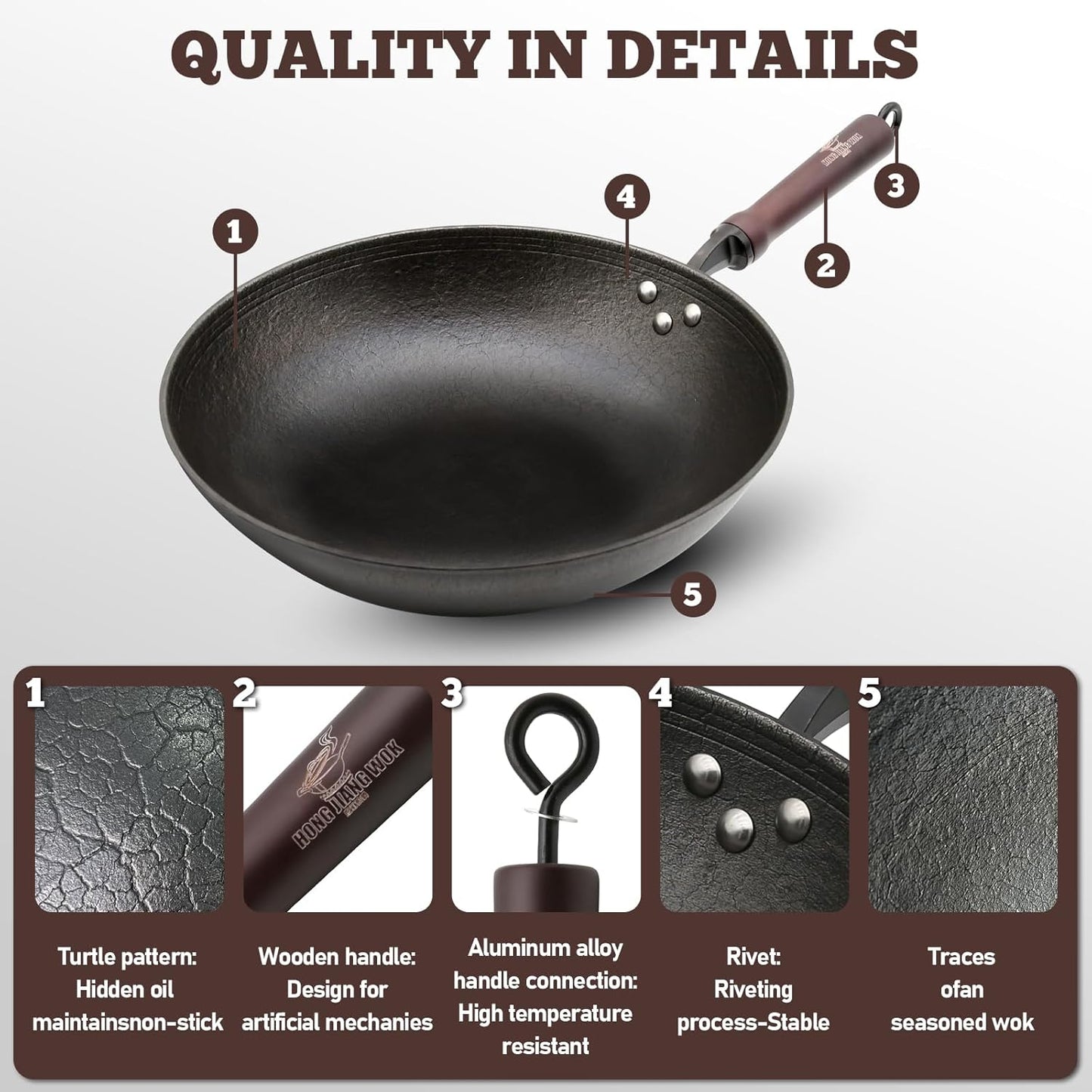 HONGJIANG Cast Iron Wok Pan, 11.8" Pre-Seasoned Flat Bottom Wok,Coating-Free Wok Stir Fry Pan With Glass Lid,Compatible Traditional Chinese Wok For Induction, Electric, Gas,Open Fire