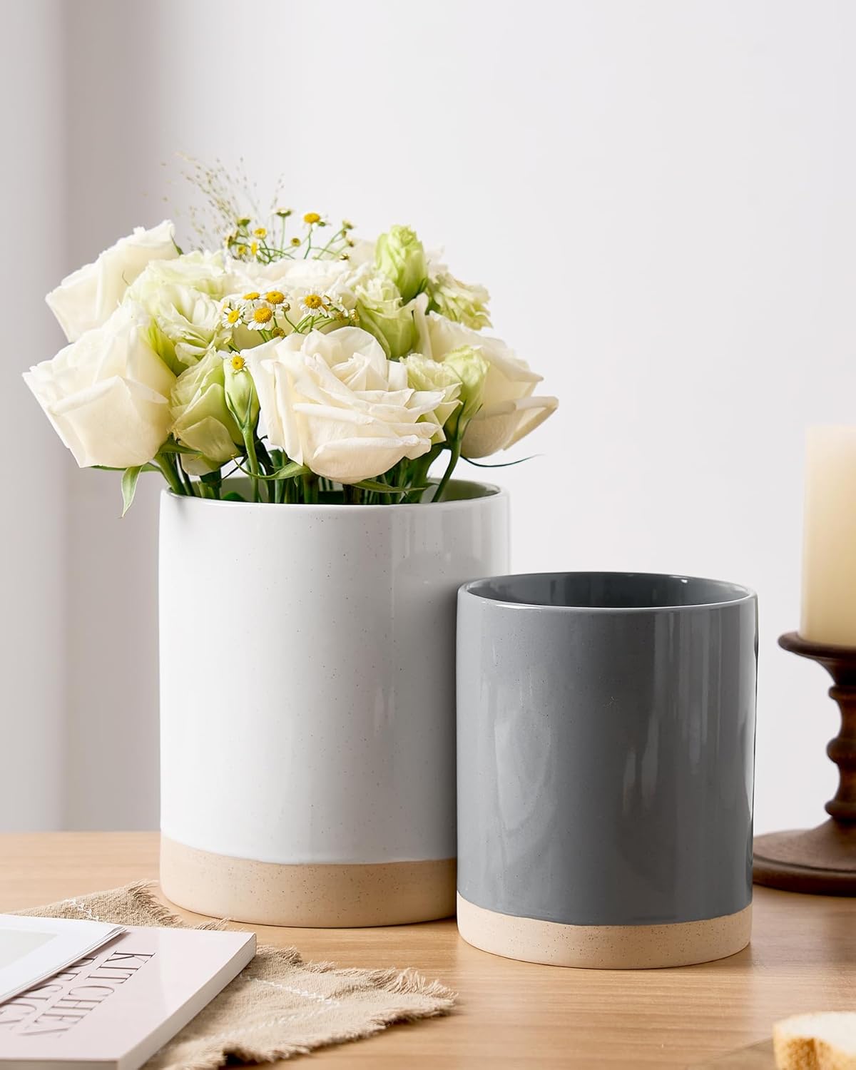 famiware Milkyway Kitchen Utensil Holder for Countertop, Ceramic Cooking Utensil Crocks for Kitchen Counter, Utensil Organizer for Spatula & Spoon, Set of 2, White and Dark Gray