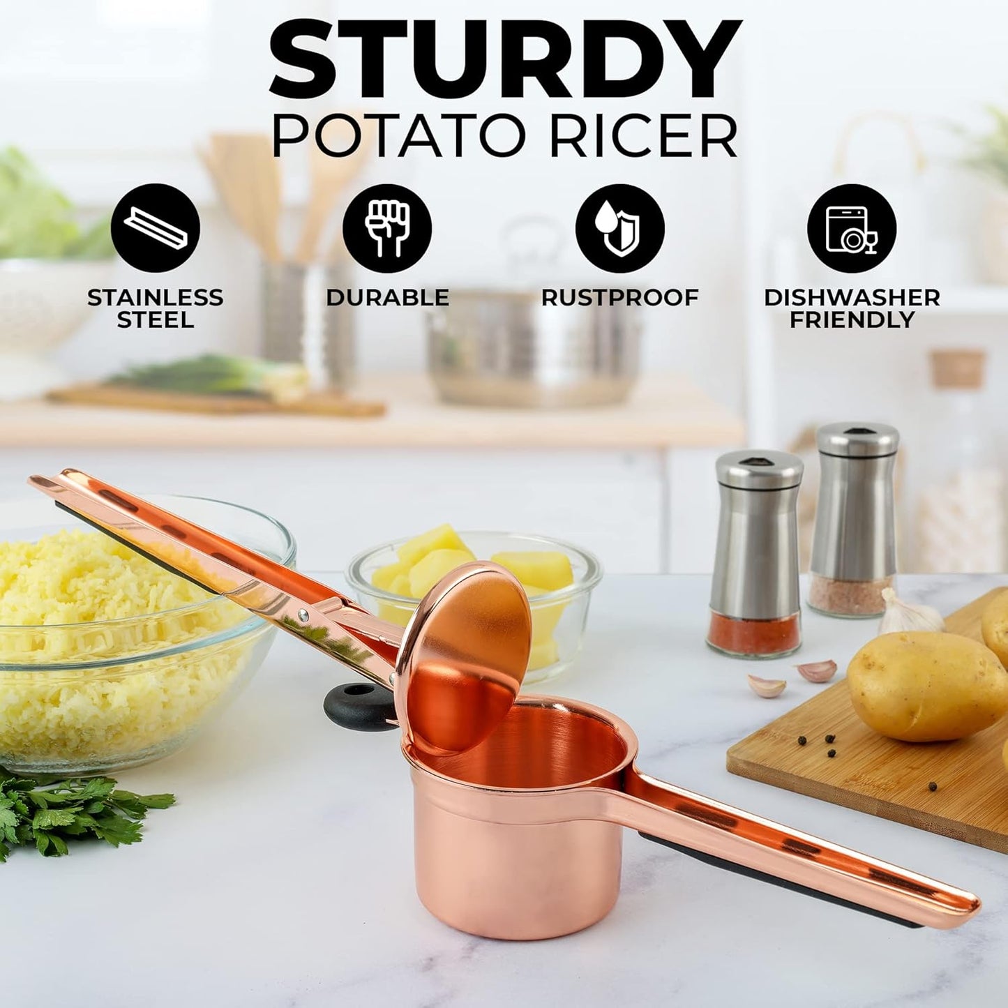 Zulay Kitchen Premium Large 15oz Potato Ricer, Heavy Duty Professional Stainless Steel Potato Masher and Ricer Kitchen Tool, Press and Mash Kitchen Gadget - Rose Gold