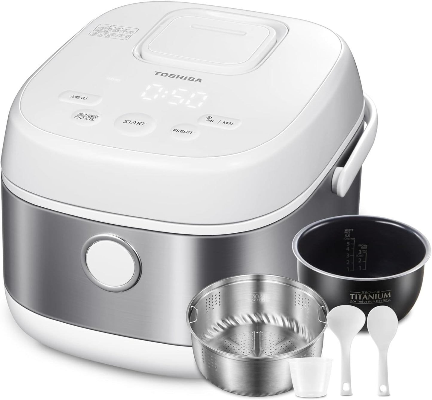 TOSHIBA Induction Heating Rice Cooker - Low Carb, Low Sugar, Digital Steamer, 5.5 Cups (Uncooked), 8 Cooking Functions, 24H Timer & Auto Keep Warm, Silvery white