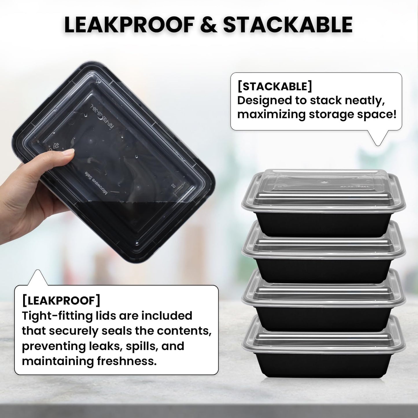 Klex 24 Oz, 150 Sets Meal Prep Containers with Airtight Lids, BPA Free, Reusable Plastic Food Container, 24 oz, Rectangular, Black/Clear, 150 Sets