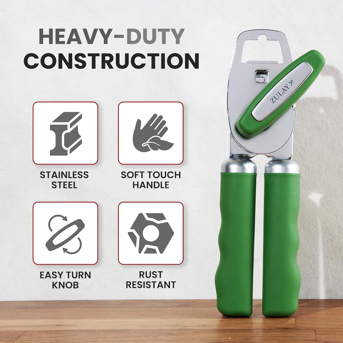 Zulay Kitchen Heavy Duty Stainless Steel Can Opener Manual with Bottle Opener - Rust Proof Manual Can Opener With Turn Knob & Comfy Soft Grip Handles - Artichoke Green