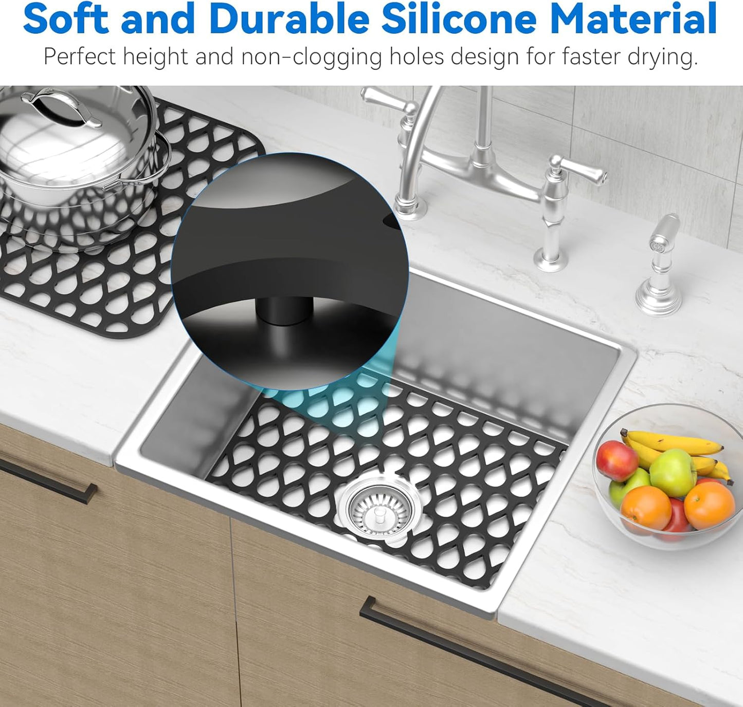 Silicone Sink Mat 2PCS TOOVEM Cistern Protectors for Kitchen Sink, Grid Non-Slip Folding Kitchen Sink Mats for Bottom of Stainless Steel Porcelain Cistern- Black