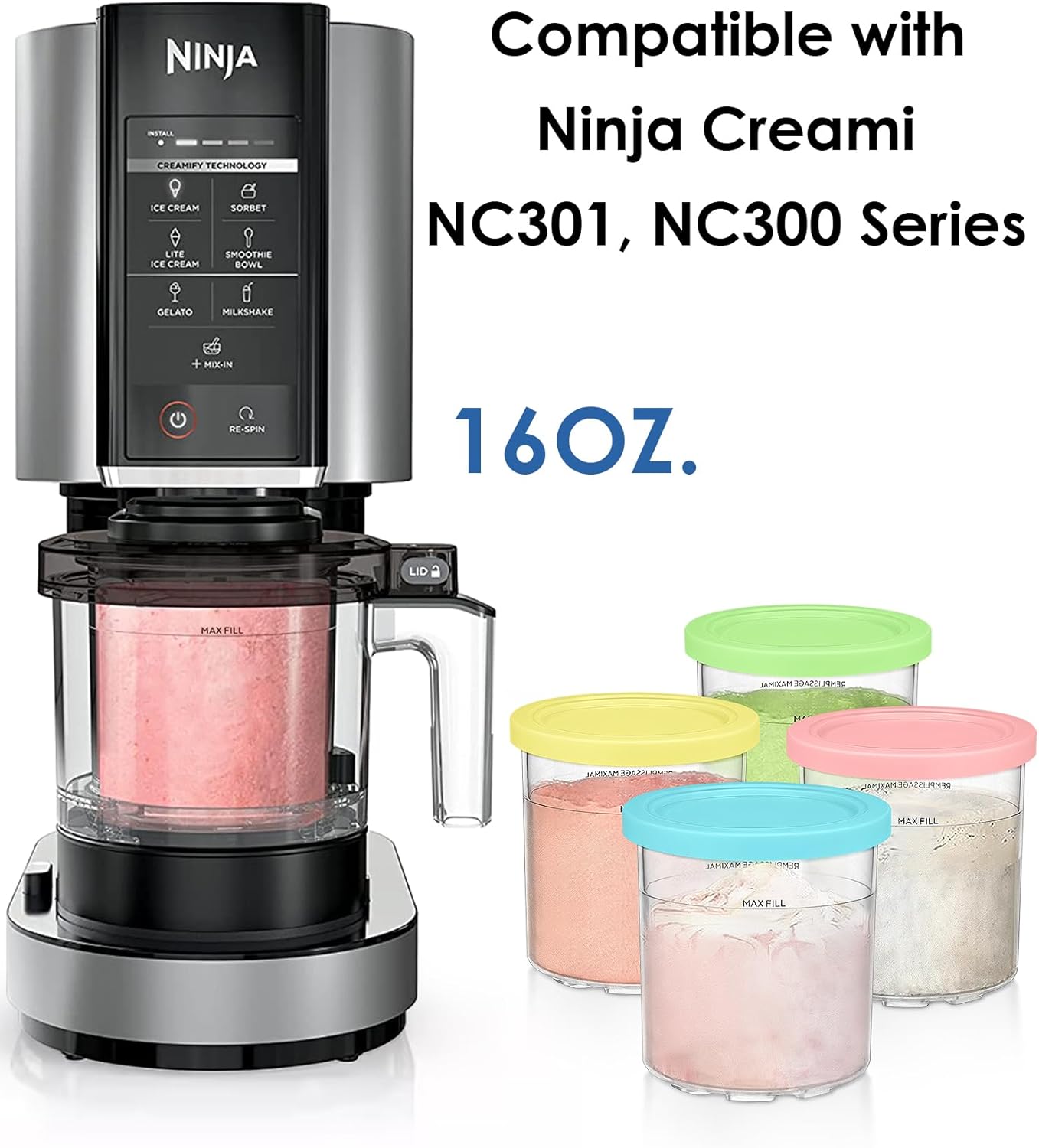 FIRJOY Replacement Pints and Lids 16 oz. Containers, Compatible with Ninja Creami NC301 NC300 NC299AMZ Series (4 Pack - Green, Pink, Yellow, Blue)