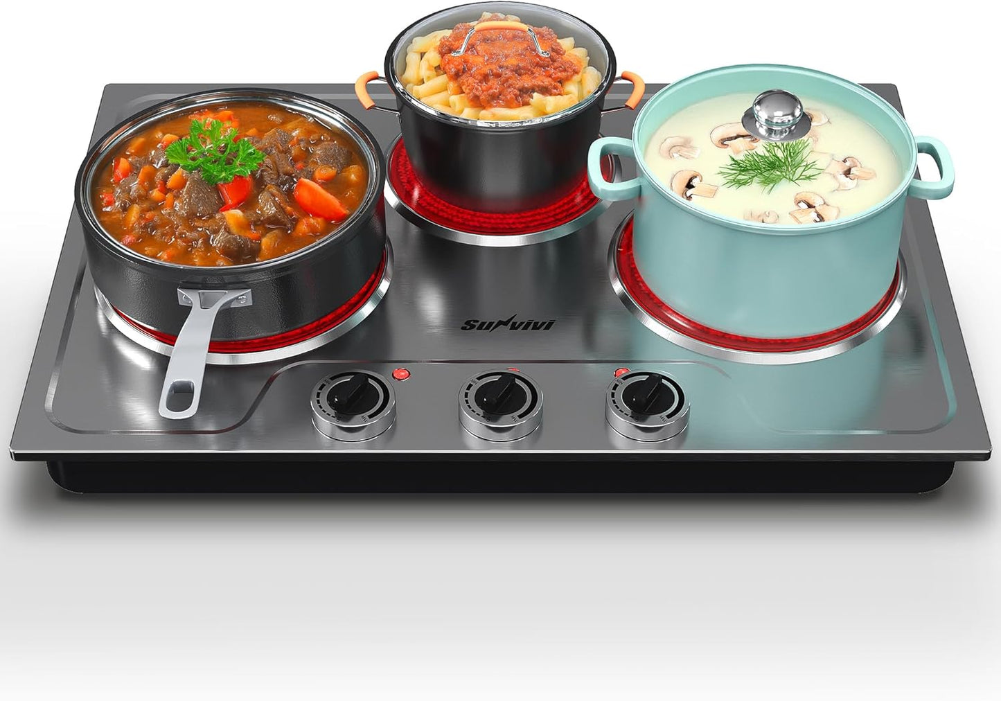 Sunvivi 1800W Triple Burner Portable Electric Ceramic Stove – Knob Control, Indicator Light, Compatible with All Cookware, Ideal for Multiple Cooking Scenarios, Silver