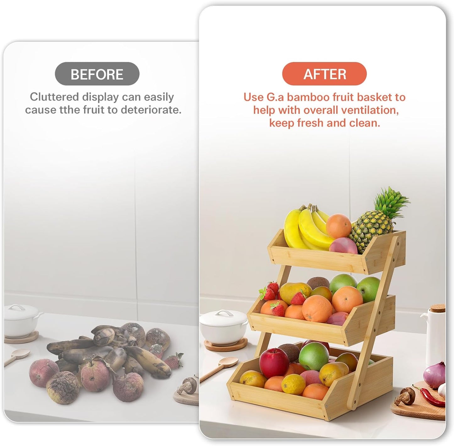 G.a HOMEFAVOR Bamboo Fruit Basket, Fruit Organizer for Kitchen Counter, Vegetable Storage Stand, 15 mm Thickness (Self-assembly)