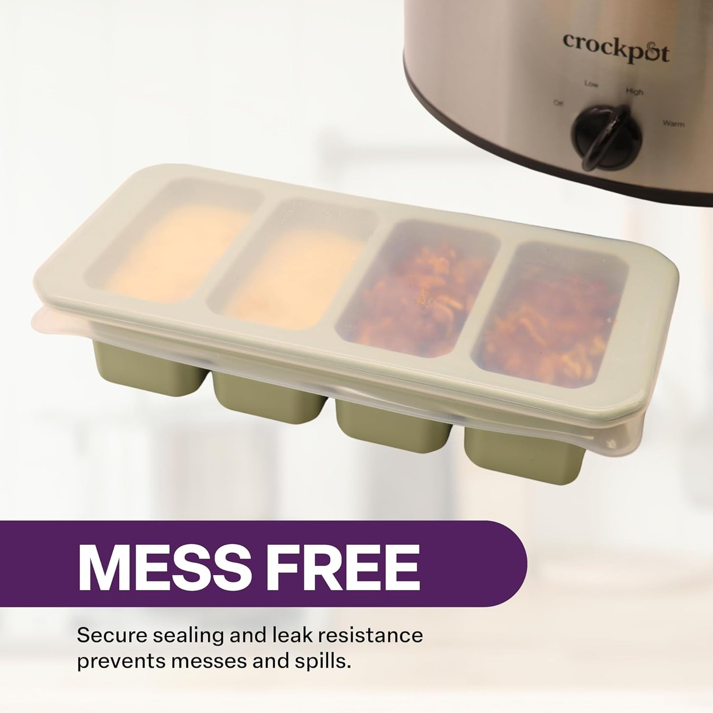 Silicone Freezer Tray with Clear Lid, 4 Compartments with 1 Cup Capacity Each, Large Ice Cube Molds, Microwave and Dishwasher Safe, for Freezing Soup, Sauce, Broth, etc. Sage Green