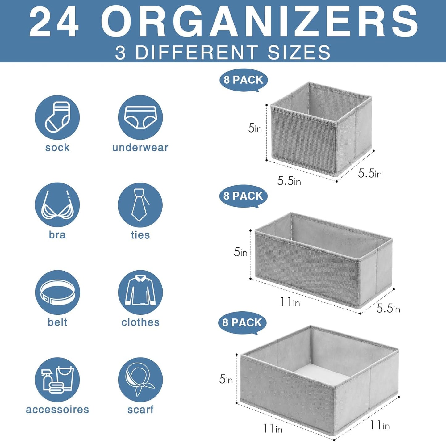 Criusia Drawer Organizer Clothes 24 Pack, Fabric Closet Organizers and Storage Bins for Underwear Sock, Odorless Dresser Drawer Dividers for Baby Nursery Organization (Grey)
