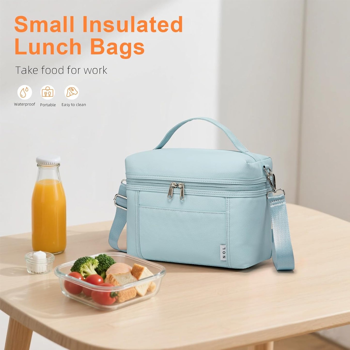 NOL Natural Organic Lifestyle Insulated Lunch Bags for Women Cooler Bag Lightweight Nylon Waterproof Lunch Box For Work (Small, Light blue)