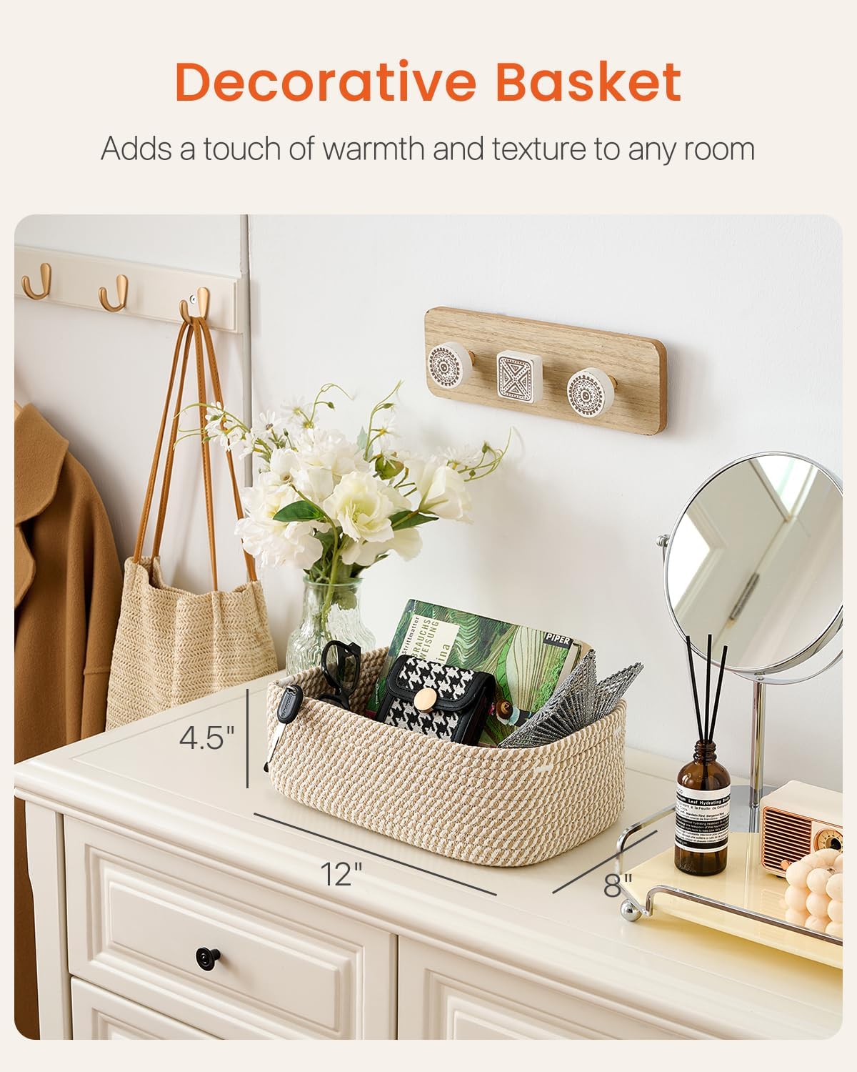 Small Woven Basket, 12 x 8 x 4.5 Inches, Storage Basket for Organizing, Cute Small Rope Shelf Closet Cube Storage Bins Baskets for Shelves, Dog Toy Gift Baskets Empty, 3 Pack Brown