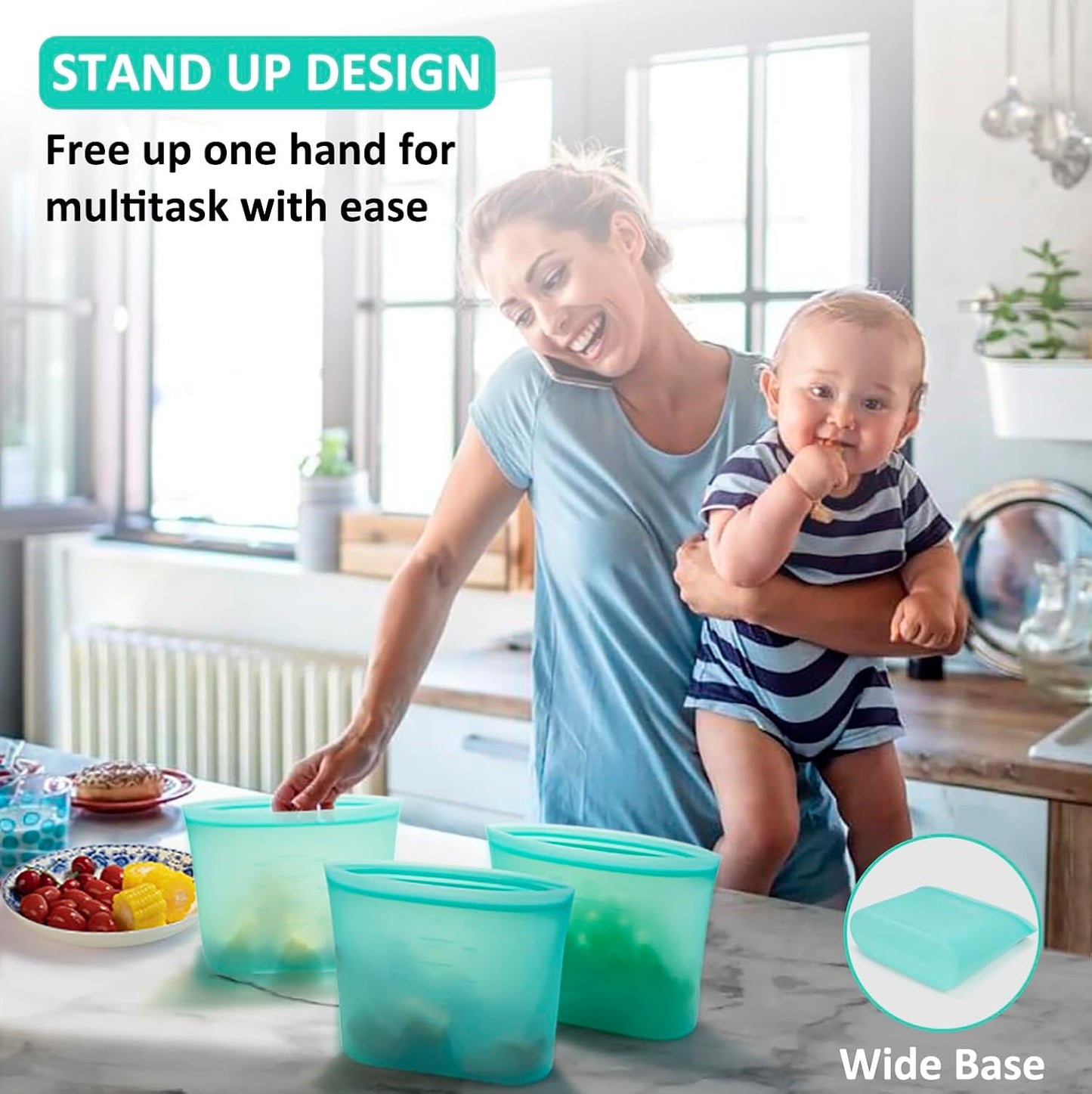 Reusable Freezer Bags Quart Size, 4 Pack, 100% Silicone Stand Up Ziplock Reusable Silicone Food Storage Bags Sandwich Bags Containers, Freezer Microwave Oven Dishwasher Safe, Aqua, 33.8fl.oz