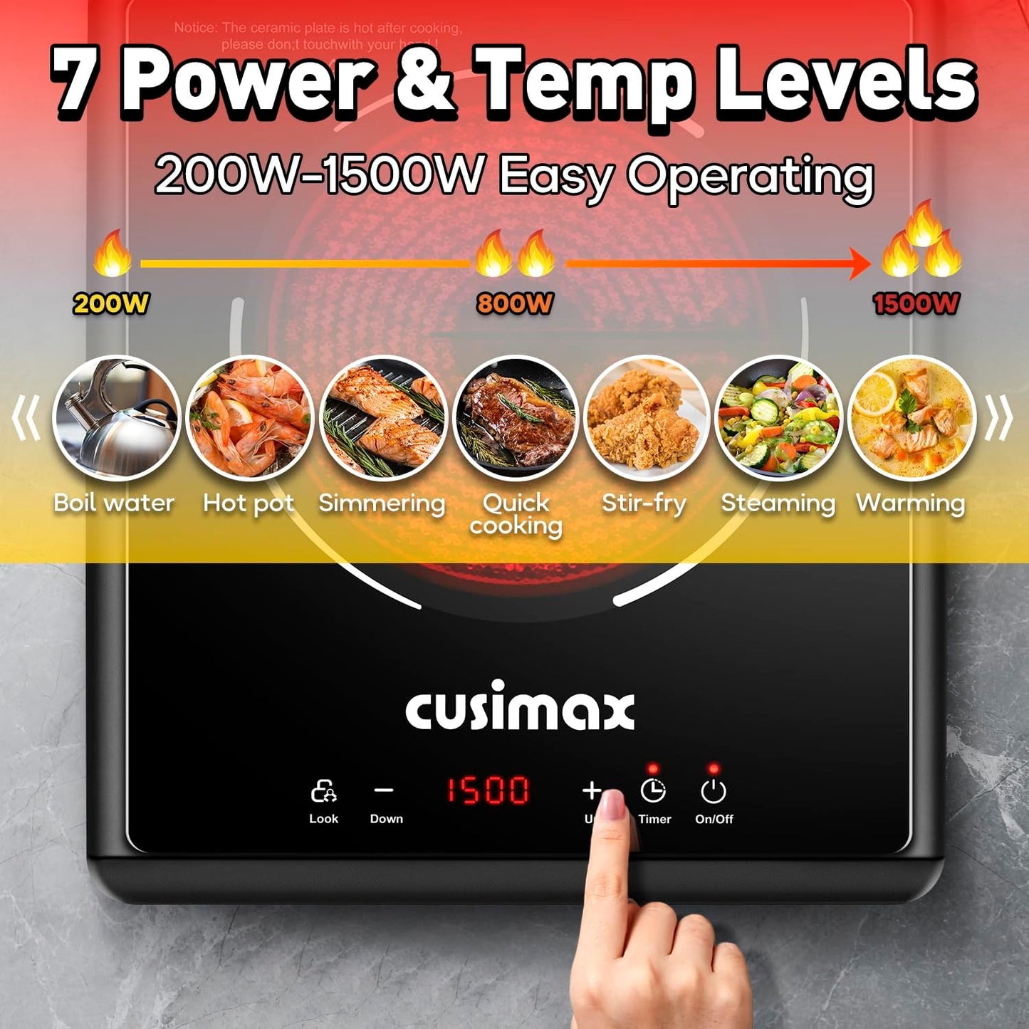 CUSIMAX 1500W Hot Plate, Portable Infrared Electric Stove for Home with 7 Speed,Ceramic Countertop Stove Sensor Touch,Kids Safety Lock and Timer,Compatible for All Cookwares