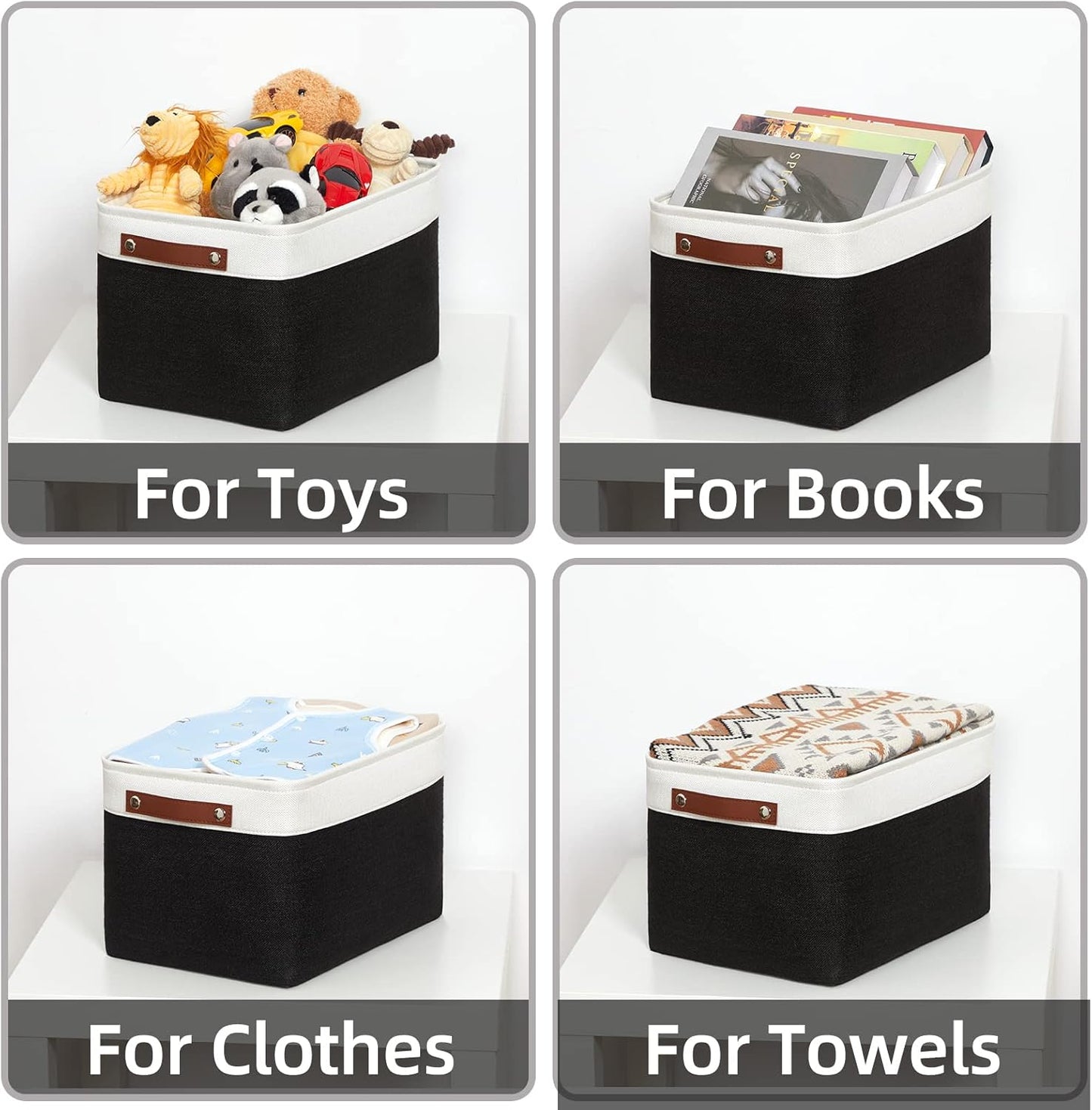HNZIGE Large Storage Baskets (3 Pack) - Fabric Bins with Leather Handles, Foldable for Organizing Clothes, Toys (Black & White, 15" x 11" x 9.5")