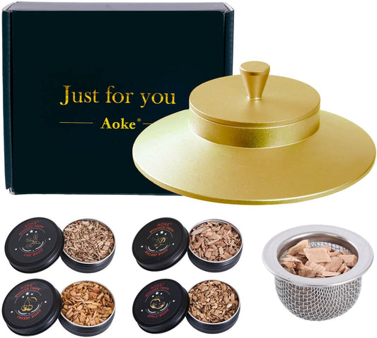Cocktail Smoker Kit, AOKE Golden Metallic Whiskey Smoker Kit with 4 Flavors Wood Chips for Whiskey and Bourbon, Old Fashioned Smoker kit for Enhancing Drink Flavors, Whiskey Gifts for Men (no Torch)