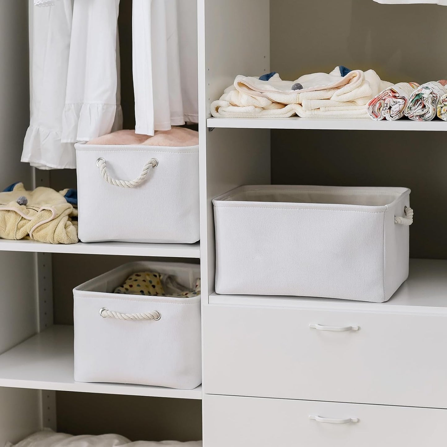 TheWarmHome Storage Basket for Gifts Empty - Large 3 Pack 15.7x11.8x8.2 inch Storage Basket for Organizing with Handles, Canves Storage Bins for Organizer Closet Toy Cubes Gift (White)