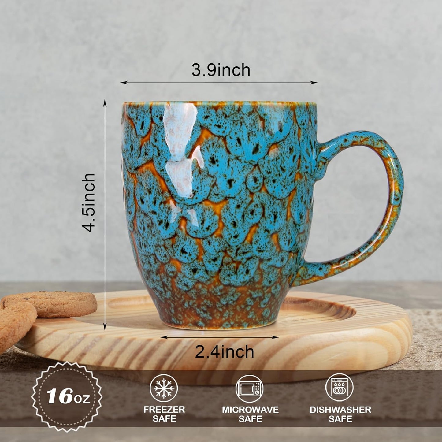 Set of 2 Durable 16 oz Coffee Cups, Large Coffee Mugs with Ergonomic Handle, Ceramic Mugs Dishwasher & Microwave Safe, Ideal Tea Mugs for Home, Office, Gifts (coffee, Tea, Hot Cocoa, Latte Cup)