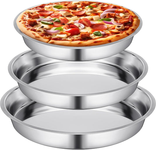 Nuogo 3 Pcs 16 14 10 Inch Large Deep Pizza Pans Stainless Steel Pizza Tray Round Oven Tray Rust Proof Reusable Bakeware Cooking Pan Dishwasher Safe for Baking, Serving, and Displaying Cookie Pie