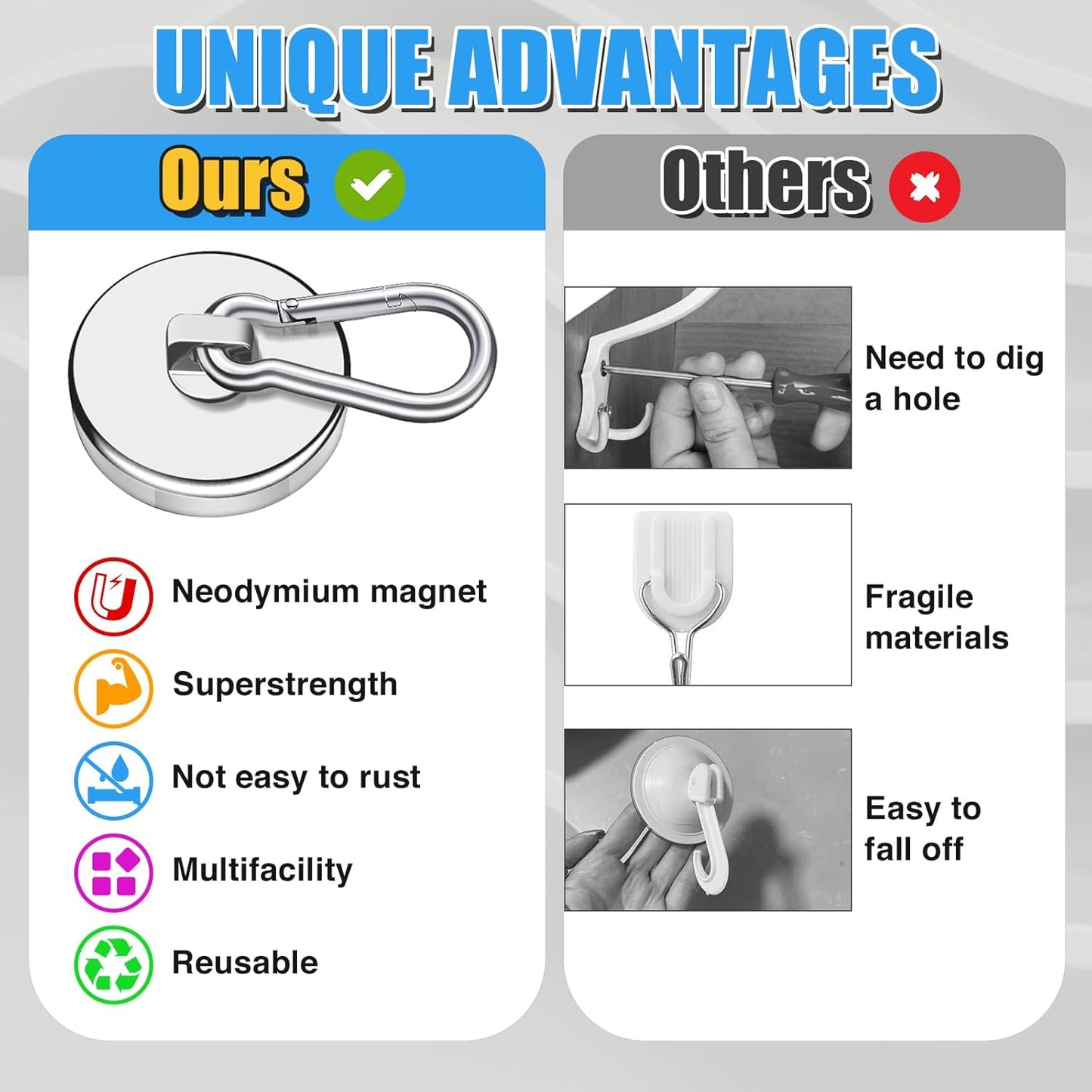 200Lbs Magnetic Carabiner Hooks, 2 Pack Strong Magnetic Hooks Heavy Duty with Swivel Carabiner for Cruise, Black Neodymium Magnet Hooks Magnetic Wall Hanger for Hanging, Toolbox, Grill, Cabins