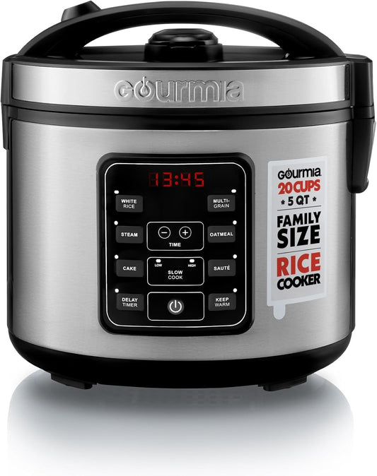 Gourmia Rice Cooker – 5 Qt Capacity, 20 Cup Cooked, 10 Cup Uncooked, Digital Controls, 6 Cooking Presets, Grain Cooker & Steamer, Nonstick Pot, Steam Tray, Delay Timer, Keep Warm, Stainless Steel