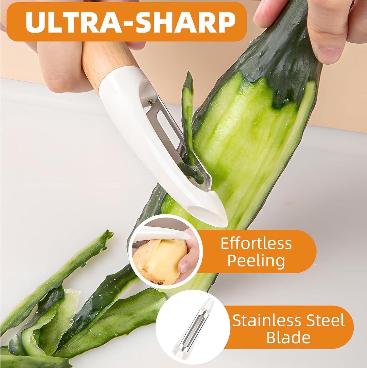 Trez Treamer 4 Pack Vegetable Peelers for Kitchen, Super Sharp Wooden Potato Peeler Set for Apple Cucumber Carrot Fruit Potatoes Veggie Peeler Bulk with Stainless Steel Blade,Dishwasher Safe