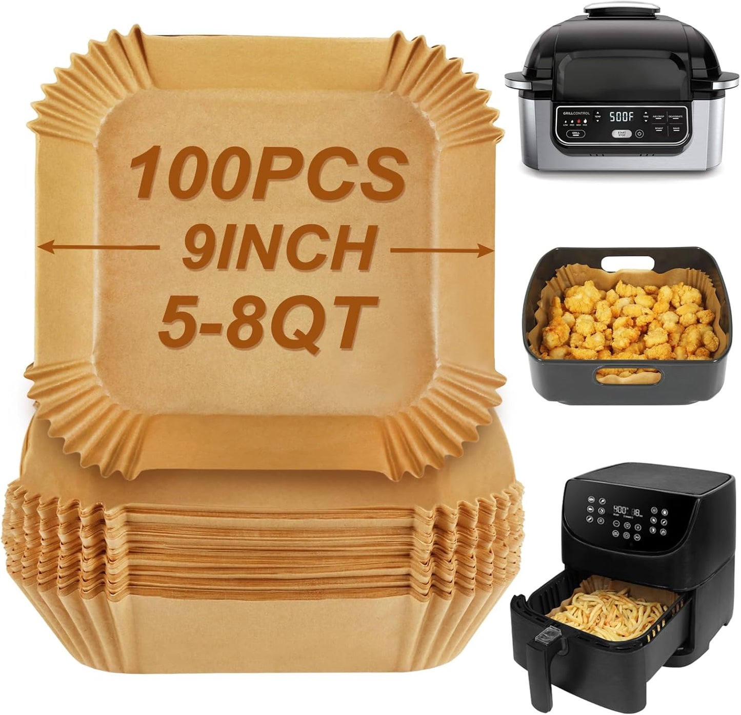 BYKITCHEN Air Fryer Sheets Liners for Ninja AG301 Grill, AF141 Pro 4-in-1 & More, 9in Disposable Square Air Fryer Parchment Paper Filters for 5 to 8 Qt, Ninja Foodi Grill Accessories(Set of 100)