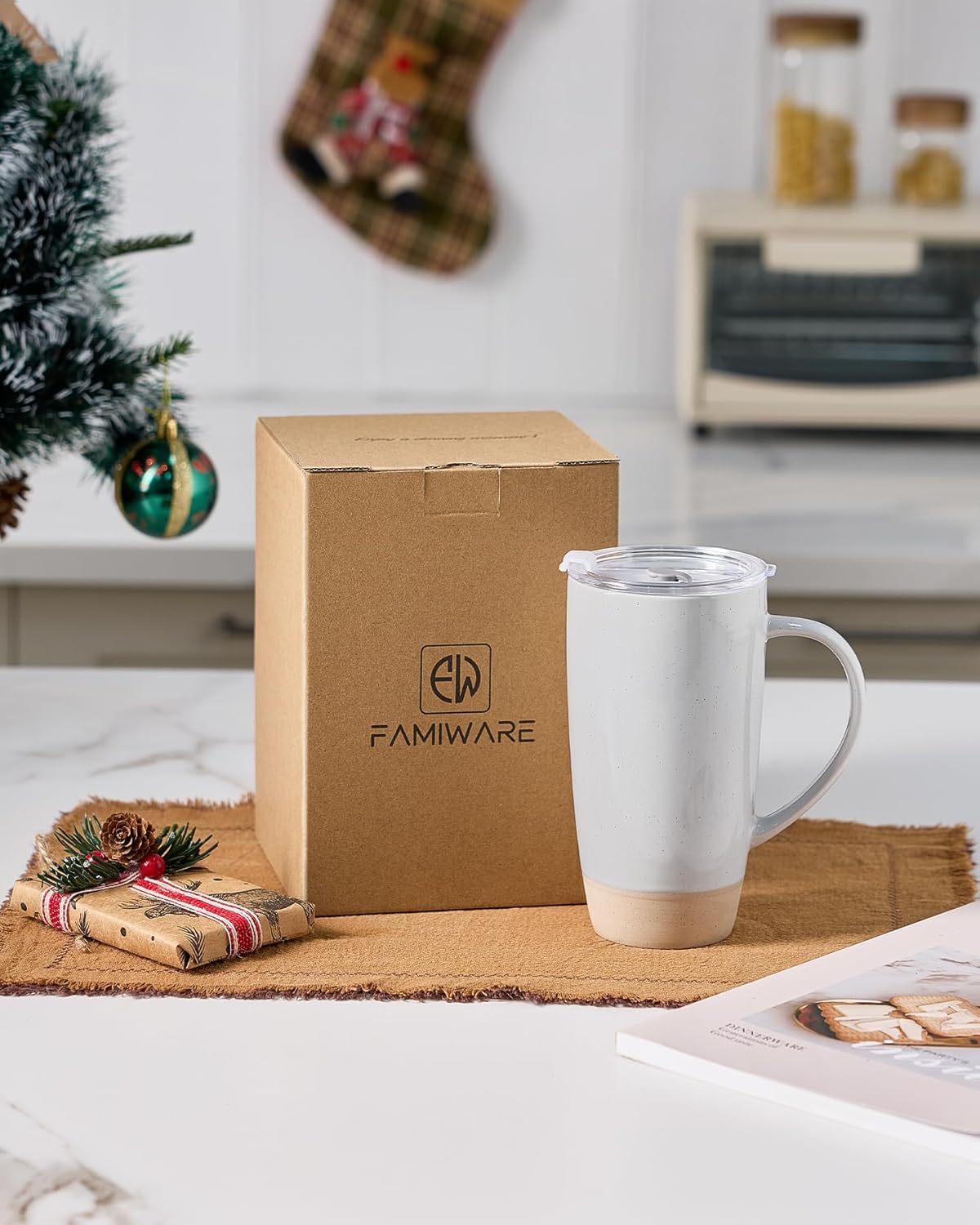 famiware Milkyway Coffee Mugs, 20oz Large Coffee Mug, Ceramic Mug Set of 2 with Lid, Cup Set with Handle for Latte, Tea, Cocoa, Milk, Home & Office, Light Gray