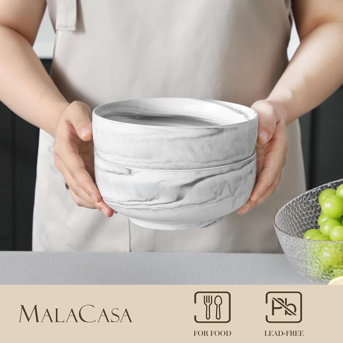 MALACASA Large Soup Bowls Set, 44 OZ (7") Salad Bowls Cereal Bowls Set of 2,Marble Grey Ceramic Bowls for Kitchen, Dishwasher & Microwave Safe, Series REGULAR