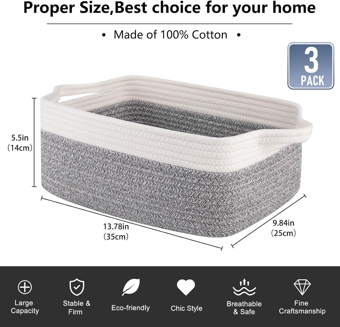 OIAHOMY 3 Pack Storage Baskets for Organizing, Woven Cotton Rope Basket for Shelves, Closet Organizer Bins with Handles, Rectangle Toy Organization, 13.78''×9.84''×5.5'', Grey & White