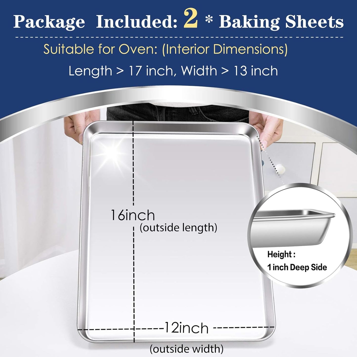 P&P CHEF 16 Inch Baking Cookie Sheet, Oven Pan Tray Stainless Steel Sheet Pan for Kitchen, Oven Bakeware for Multi Uses, Shiny Look & Dishwasher Safe, Healthy & Heavy Duty, 2Pcs