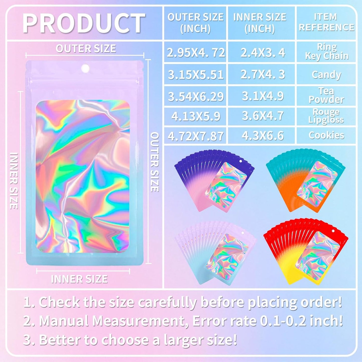 200 Pack Resealable Mylar Holographic Bags Food Storage Smell Proof Bags with Front Window Foil Packaging Pouch for Candy Sample Jewelry Small Business 4.72×7.87 Inch, Pink Fade Blue