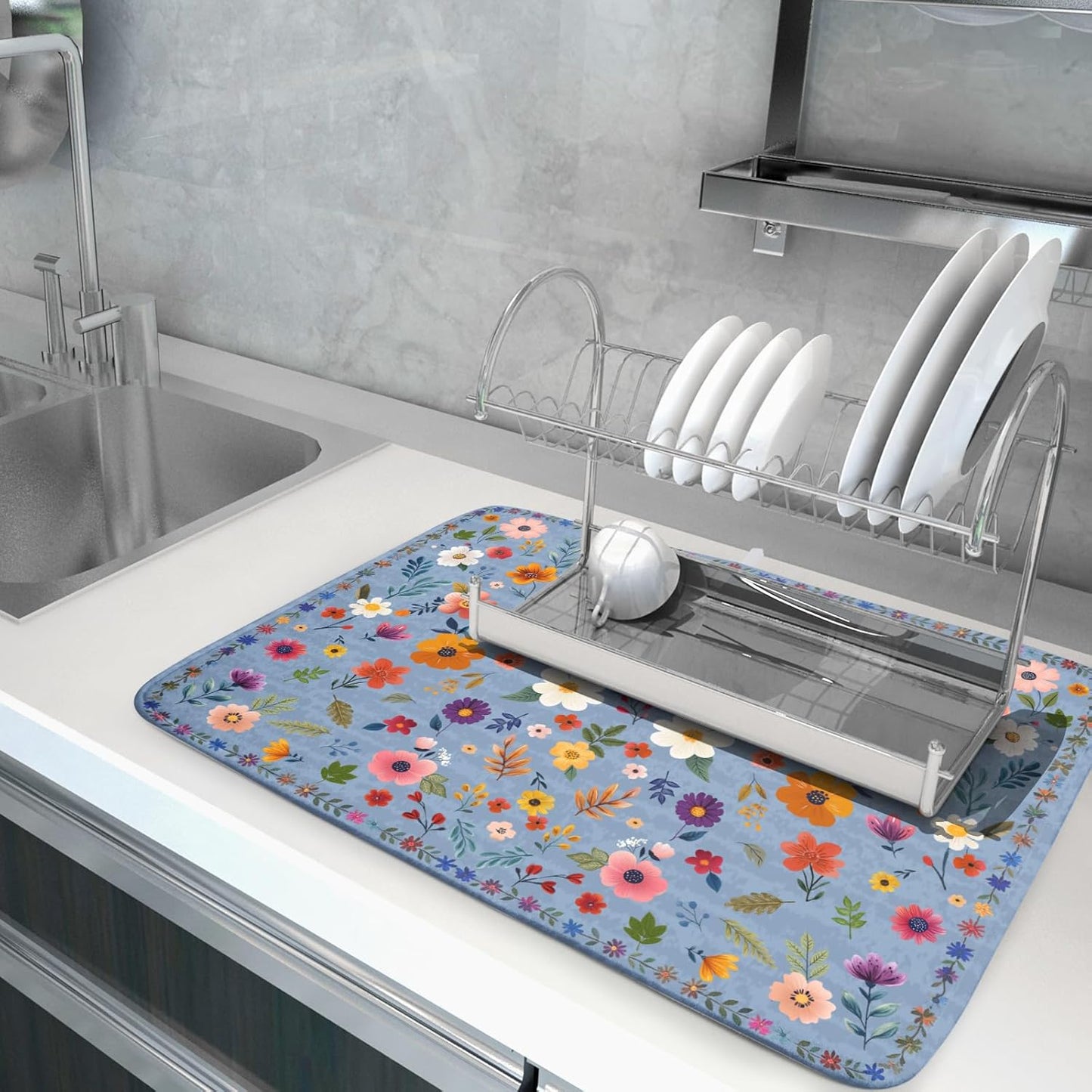 Colorful Flower Dish Drying Mat - Blue Large Floral Coffee Mat for Kitchen Counter Decor 18 X 24