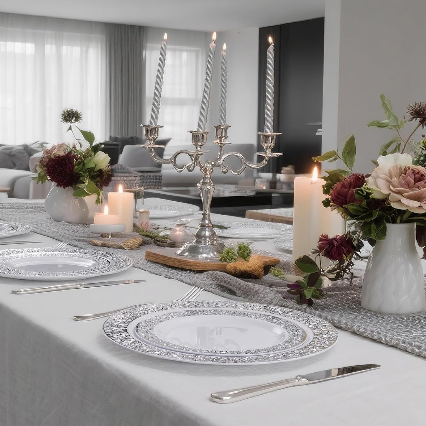 I00000 200 Pieces Silver Plastic Plates, Disposable Plastic Plates for 100 Guests Include: 100 Pcs Dinner Plate 10.25” and 100 Pcs Dessert Plate 7.5” with Silver Lace Rim Perfect for Wedding & Party