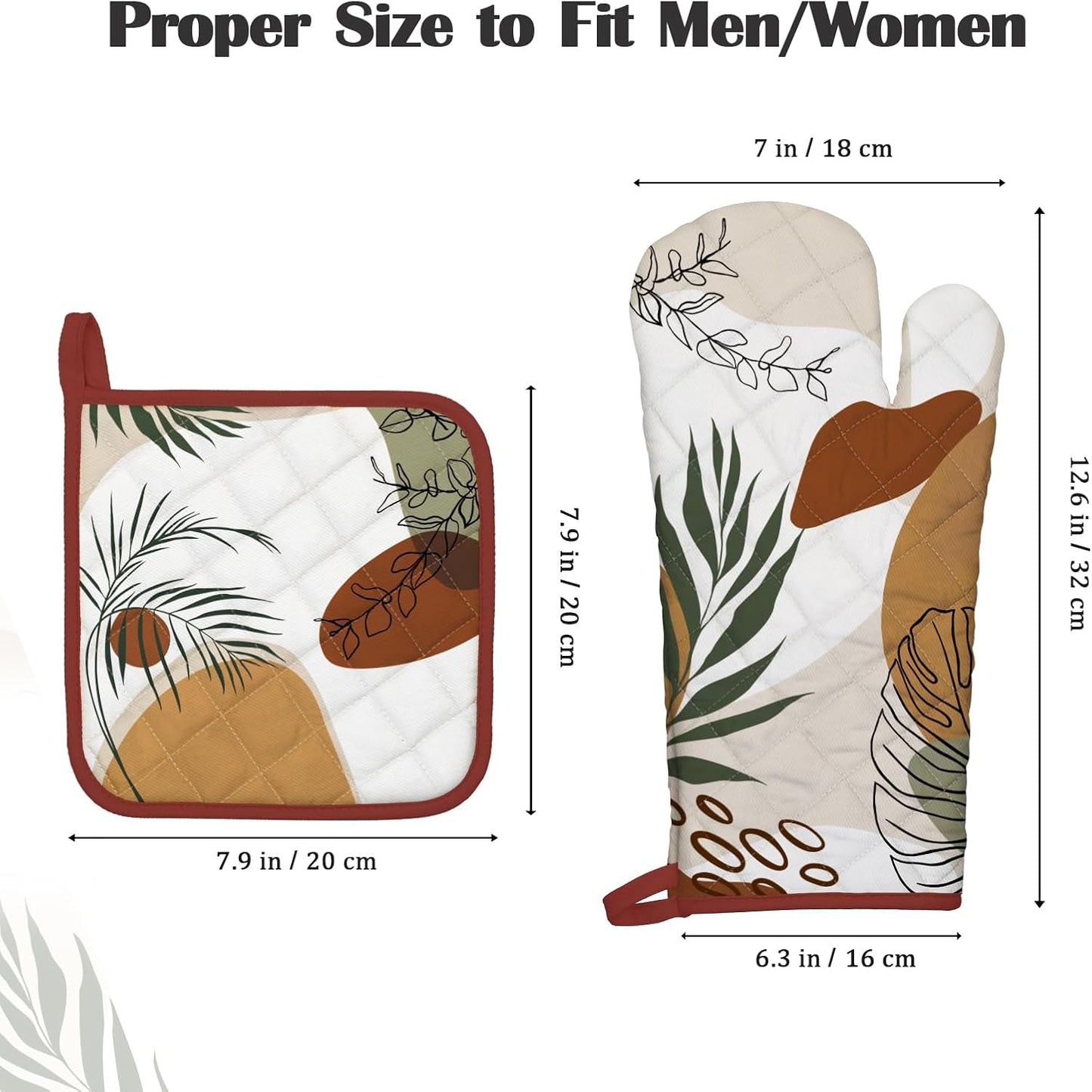 Boho Leaf Oven Mitts and Pot Holders Sets 4Pcs, 100% Cotton Heat Resistant, Extra Long Oven Gloves Potholder for Kitchen Cooking Baking Decoration