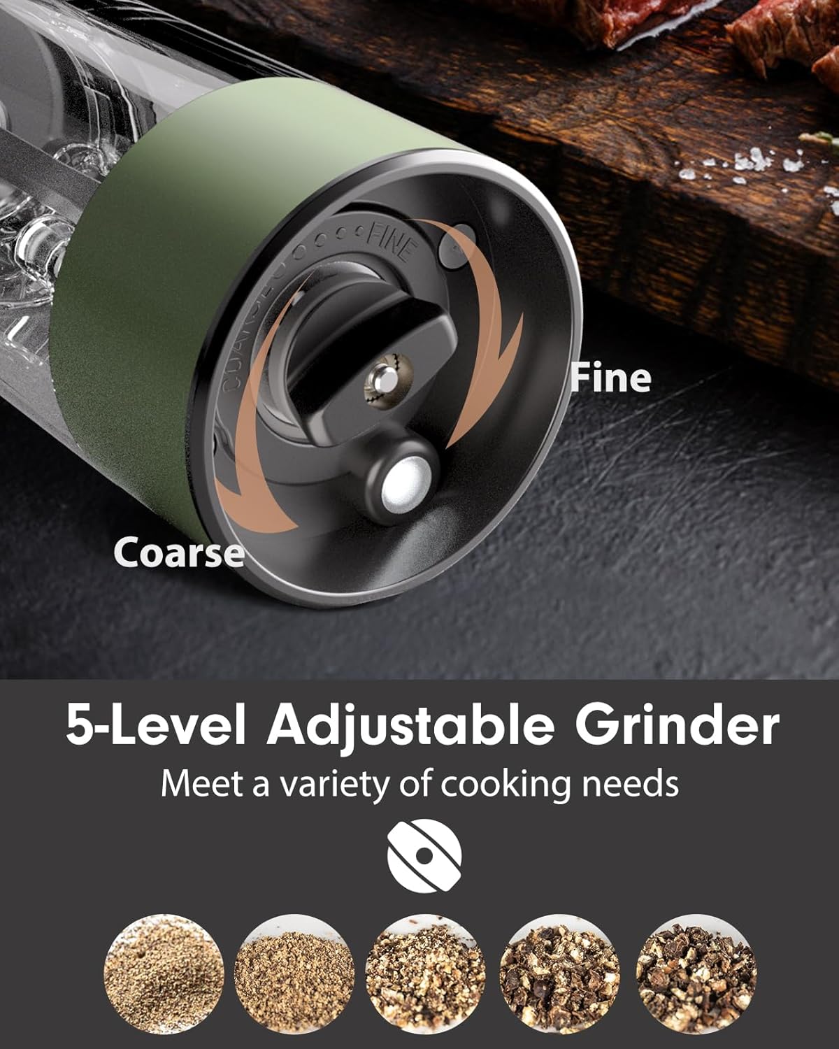 TOMEEM Upgraded Larger Capacity Electric Salt and Pepper Grinder Set Rechargeable with LED lights, Stainless Steel Automatic Pepper and Salt Grinder Refillable with 5 Adjustable Coarseness Green