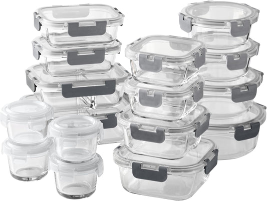 COOK WITH COLOR Premium 32-Pc. Borosilicate Glass Food Container Set with Dividers - 4 Rectangles, 8 Rounds, 4 Squares - Leakproof Lids - Meal Prep, Storage, Ombre Grey