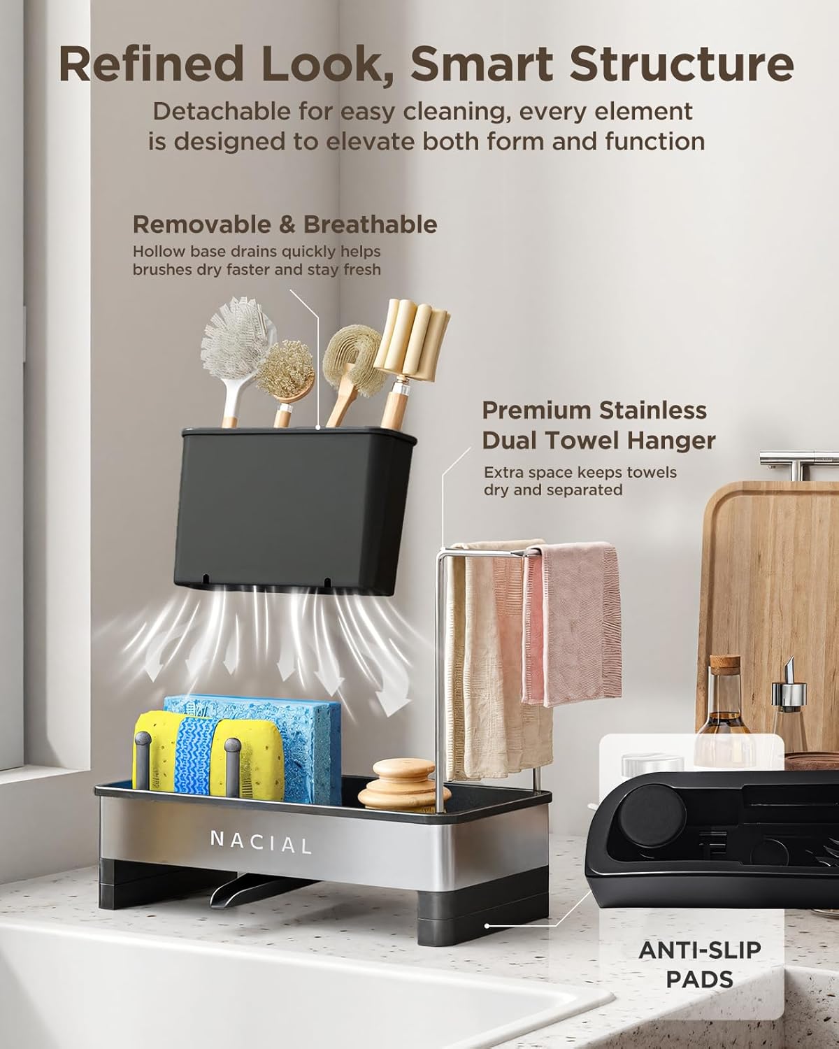 Nacial Kitchen Sink Caddy Organzier with High Brush Holder, Sponge Holder for Kitchen Sink with Two Towel Racks & Soap Dispenser- Rustproof 304 Stainless Steel Kitchen Countertop Storage Essentials