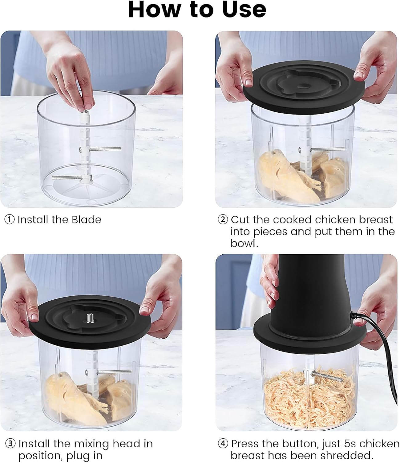 Electric Chicken Shredder, Automatic Food Chopper with Chicken Breast Shredder & Meat Grinder, 2 Sets of Blades for Chicken/Pork/fish/Vegetable/Baby Food (Black)