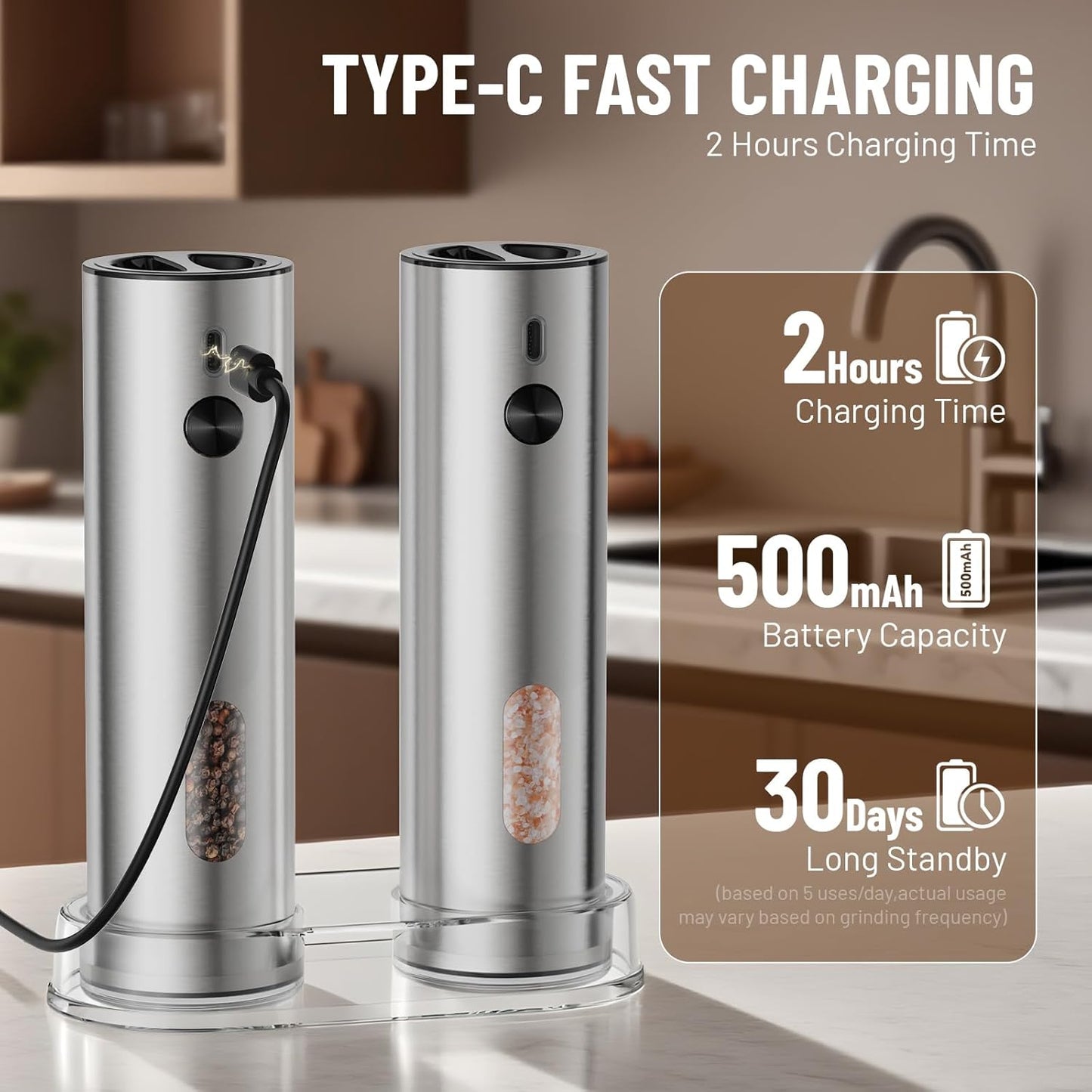 Electric Salt and Pepper Grinder Set Rechargeable Automatic Pepper Grinder Mill Stainless Steel with Base Upgraded Large Capacity, Powered Salt Shakers, LED Light & Adjustable Coarseness,Kitchen Gift