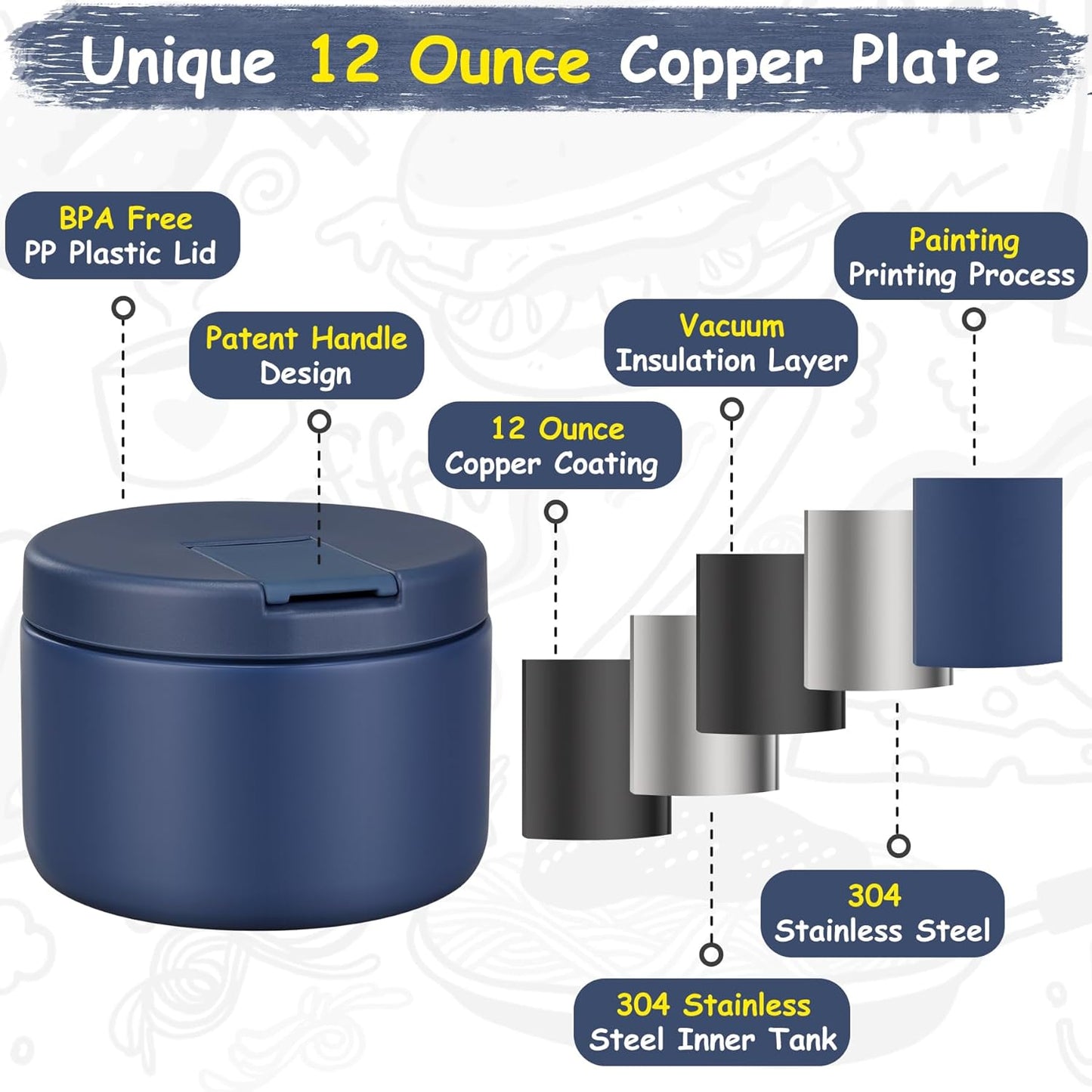 12oz Insulated Vacuum Food Jar with Buckle Lid Wide Mouth Soup Thermo for Hot Food Kids Leakproof Stainless Steel Lunch Container- Blue 1 Pack