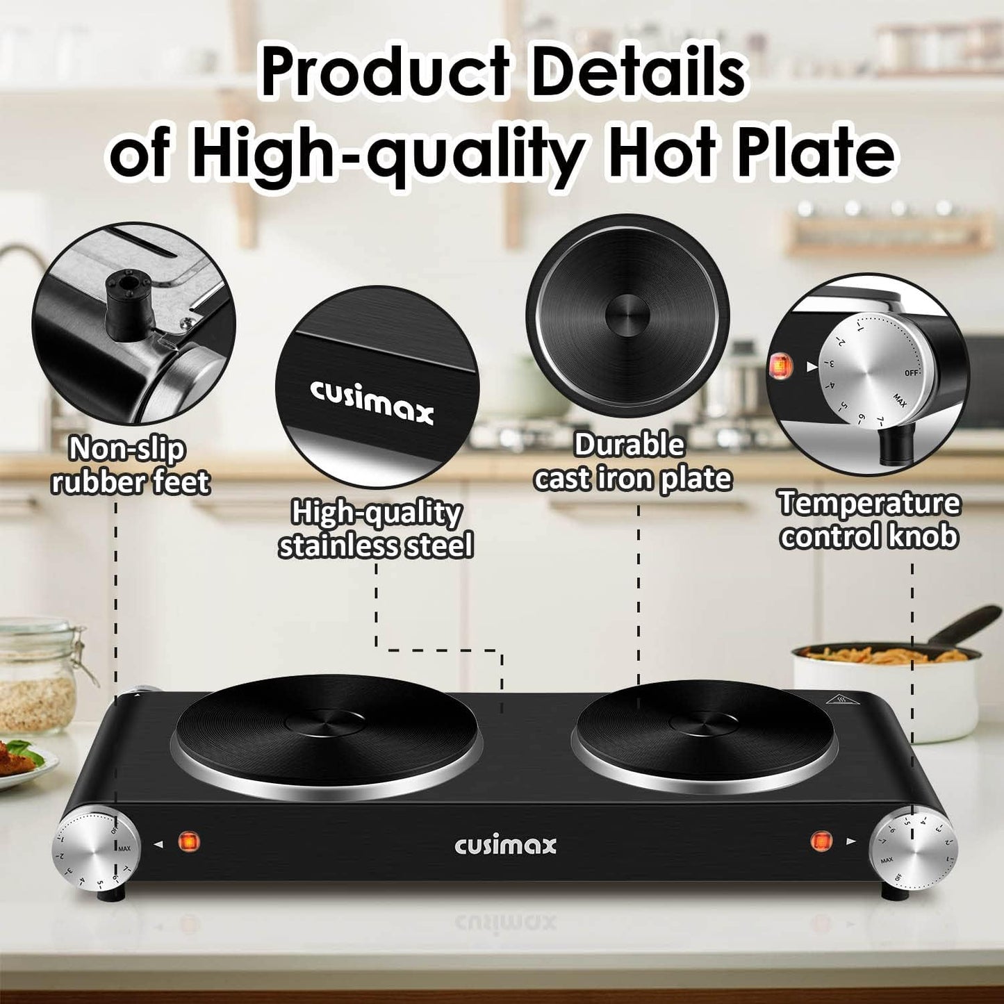 Cusimax Hot Plate for Cooking 1800W Portable Electric Double Burner Countertop Cooktop Cast Iron Stove Heating Plate with 7 Power Levels Adjustable Temp Control, Compatible for All Cookwares
