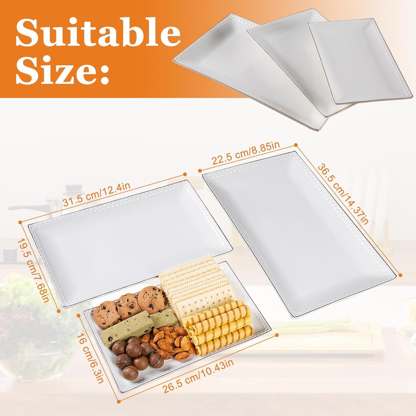 Kassel Ceramic Serving Platter Set | 14”/12” /10” Rectangular Serving Trays for Entertaining at Parties and Weddings | Oven Safe Large Serving Trays for Tacos, Steak, and Cake