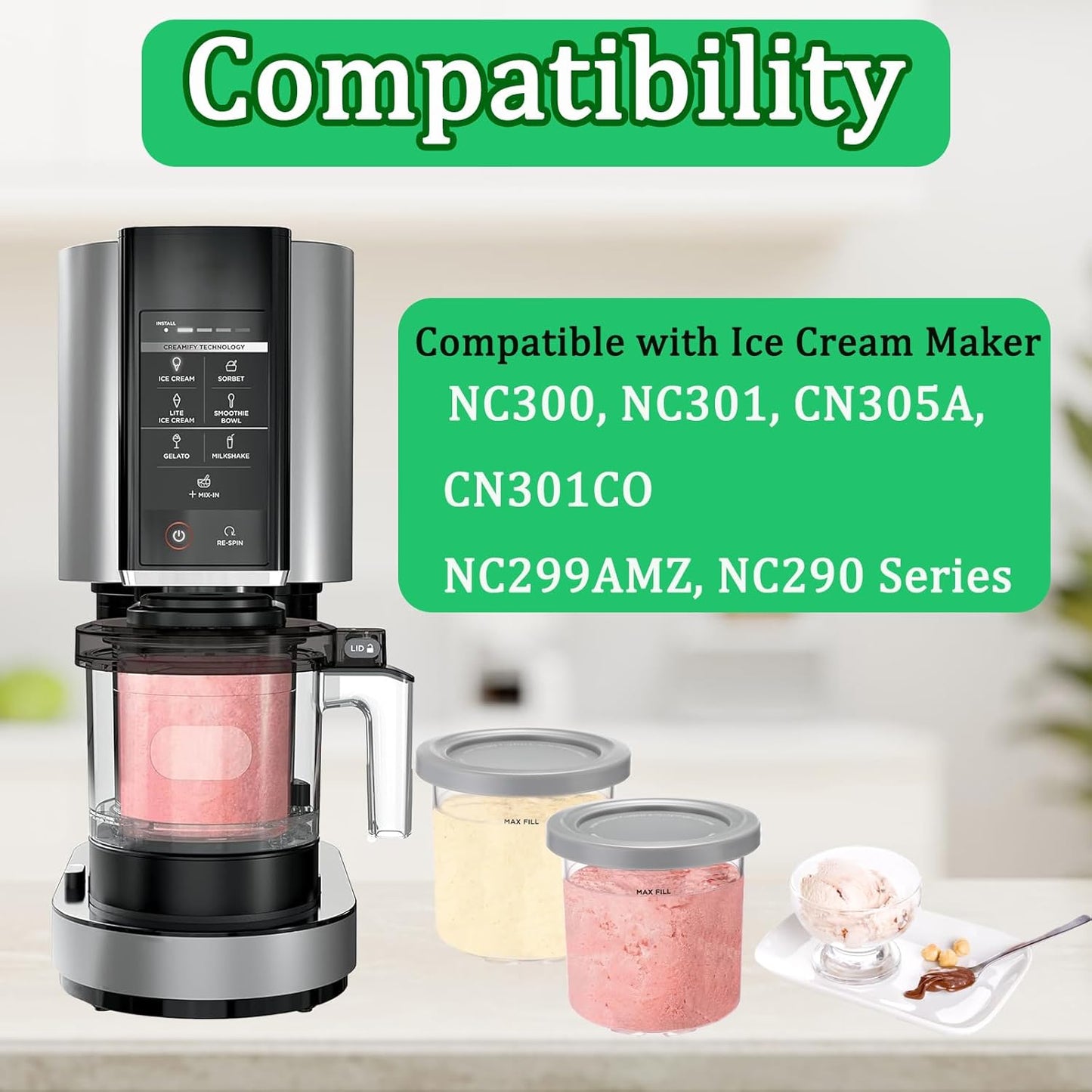 Creami Pints and Lids for Ninja NC301 CREAMi Ice Cream Maker - 4 pack Ice cream Containers Cups Set, 16oz Creami Pint Containers and Lids fit Ninja NC299AMZ NC300 Creamer Ice Cream Maker Accessories