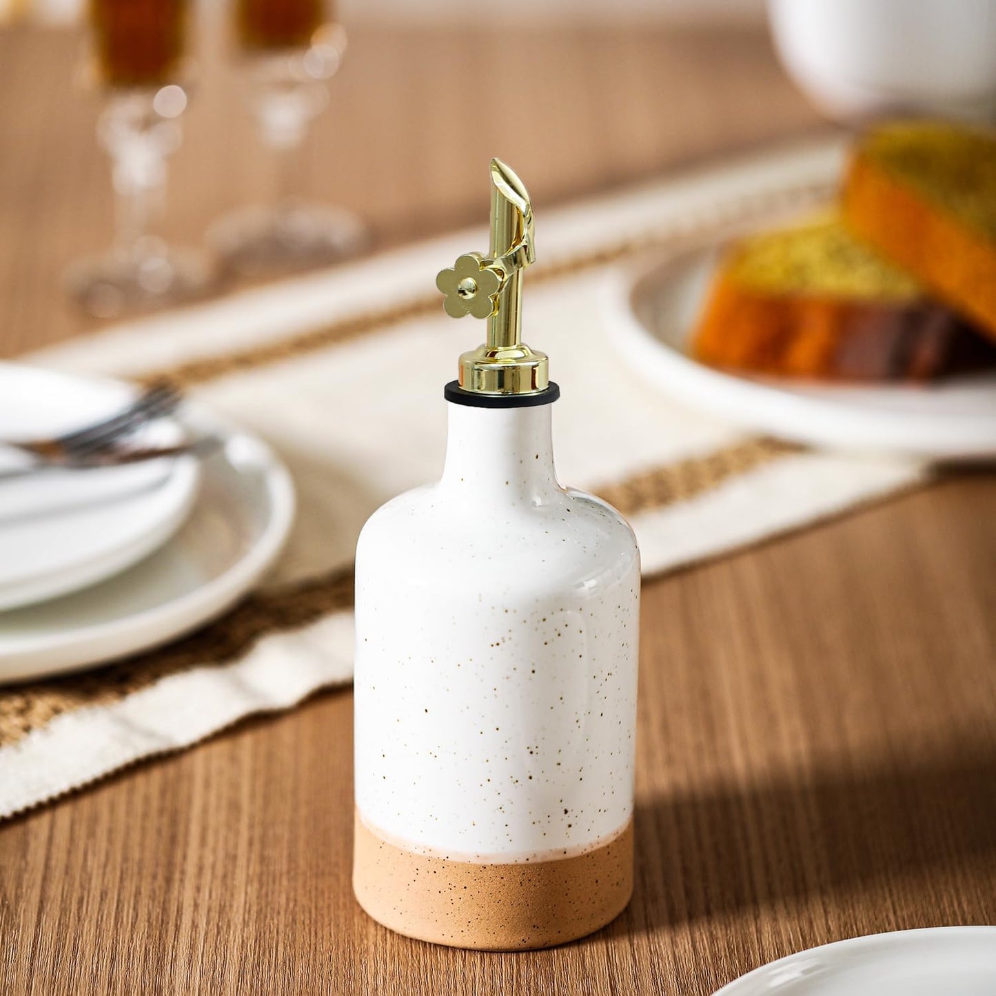 HOMCDALY Ceramic Olive Oil Dispenser Bottle, 16oz Oil Dispenser Bottle for Kitchen, Oil Container, Kitchen Dispenser for Oil Vinegar Syrups(White&Brown